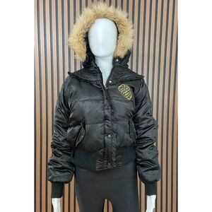 Rocawear Women's Jacket Puffer Down Cropped Zip-Up VTG Y2K Fur Hooded XL Black